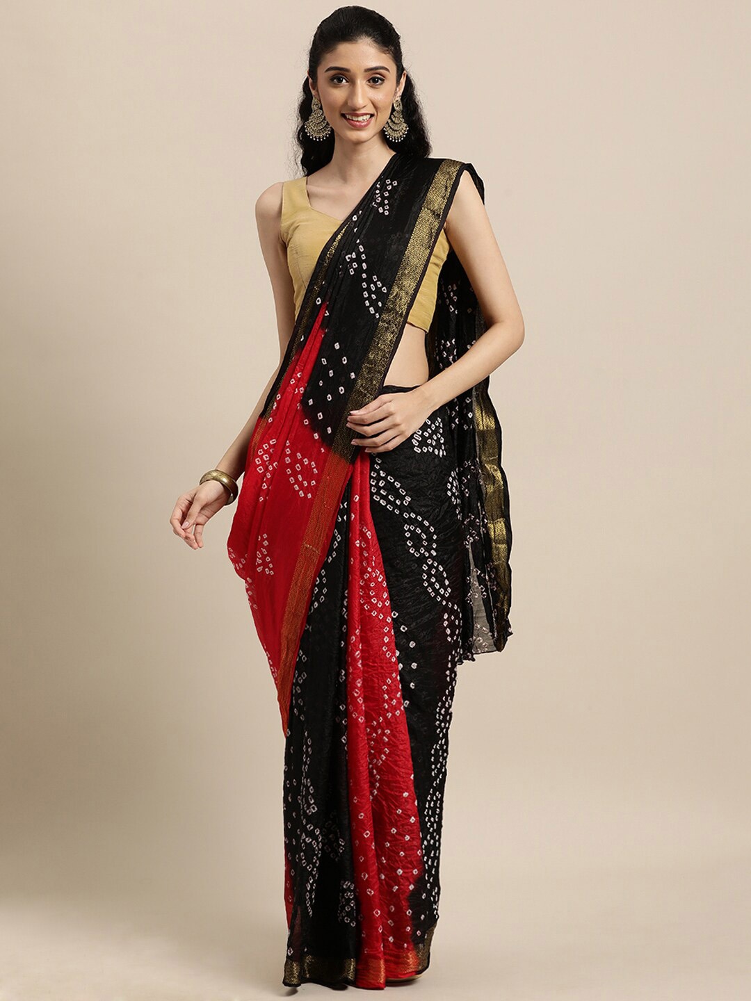 

Geroo Jaipur Bandhani Zari Art Silk Saree, Black