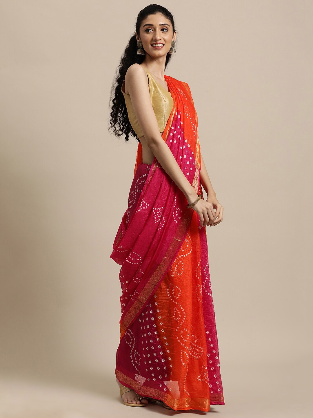 

Geroo Jaipur Bandhani Zari Art Silk Saree, Orange