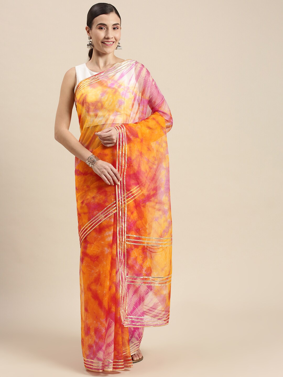 

Geroo Jaipur Tie and Dye Organza Saree, Yellow