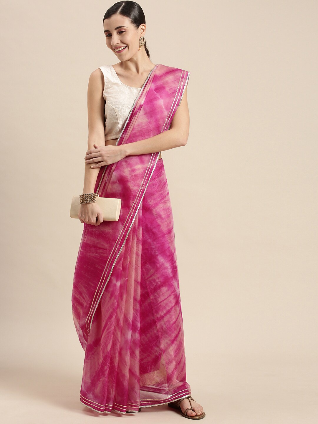 

Geroo Jaipur Tie and Dye Organza Saree, Pink