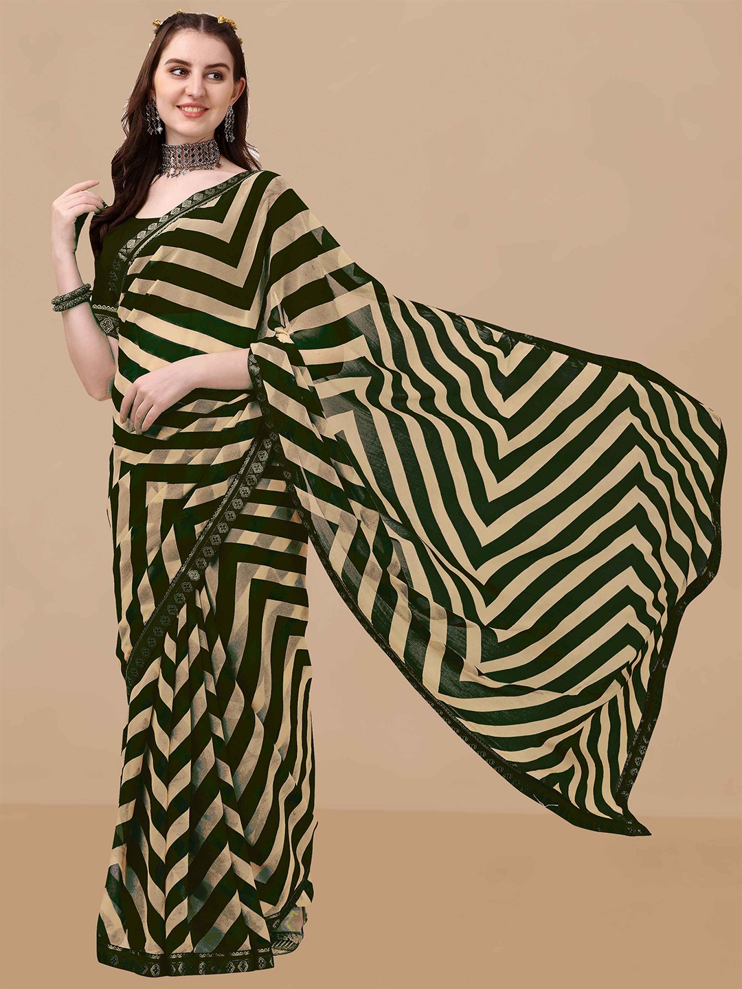 

Sangria Striped Pure Chiffon Saree, Green