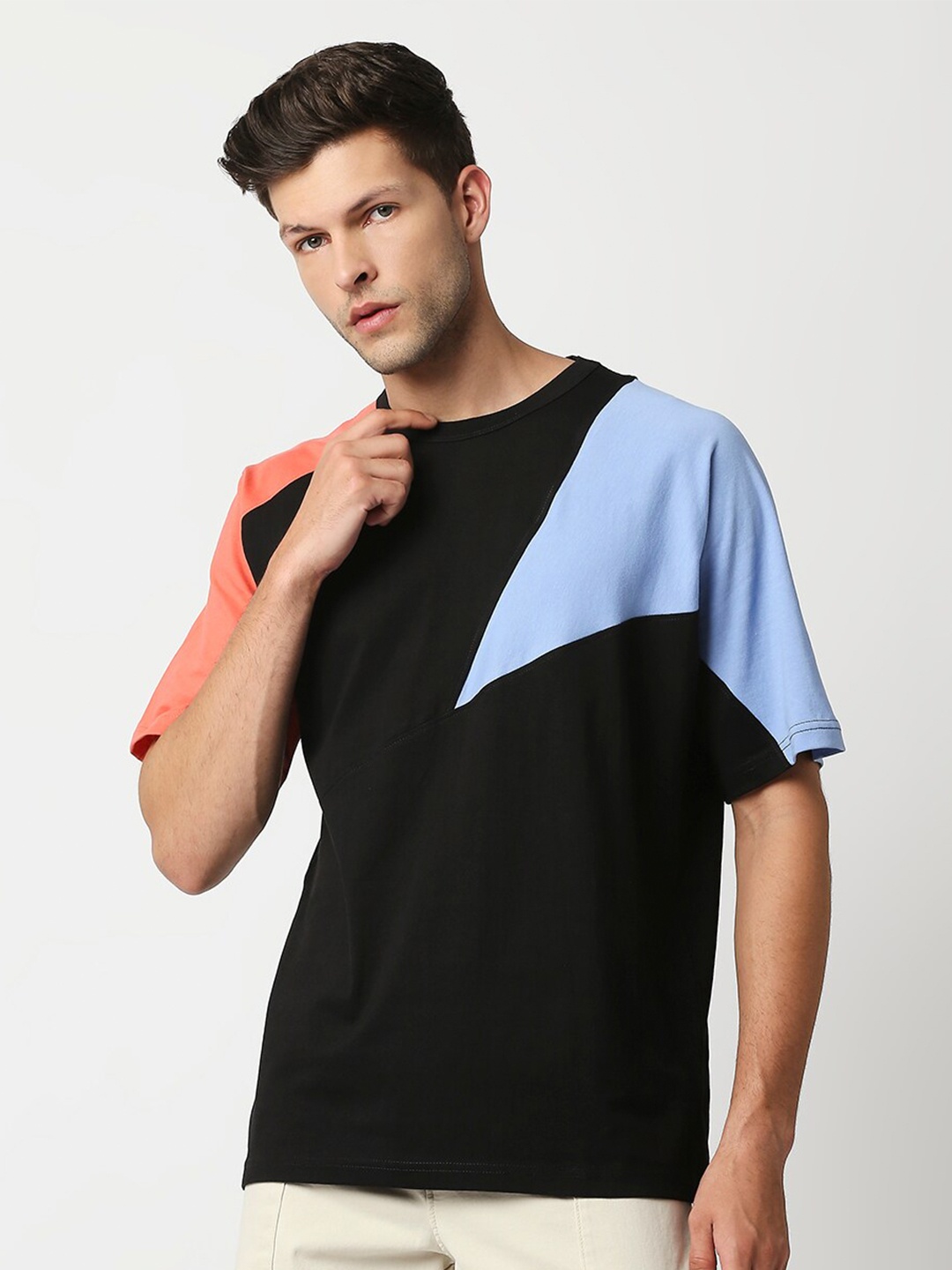

Blamblack Plus Size Colourblocked Cotton T-shirt, Black