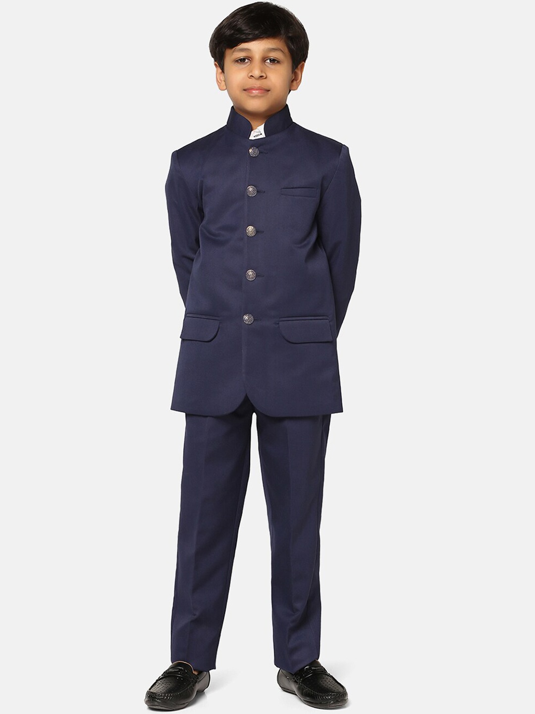 

TAHVO Boys Slim Fit Mandarin Collar Bandhgala 2 Piece Suits, Navy blue