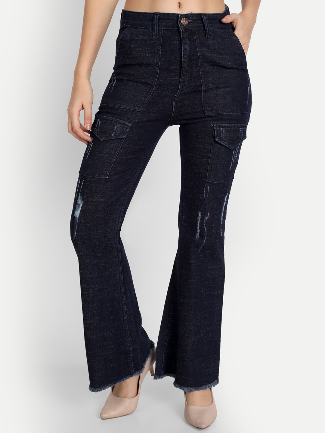 

AngelFab Women Jean Bootcut High-Rise Mildly Distressed Jeans, Blue