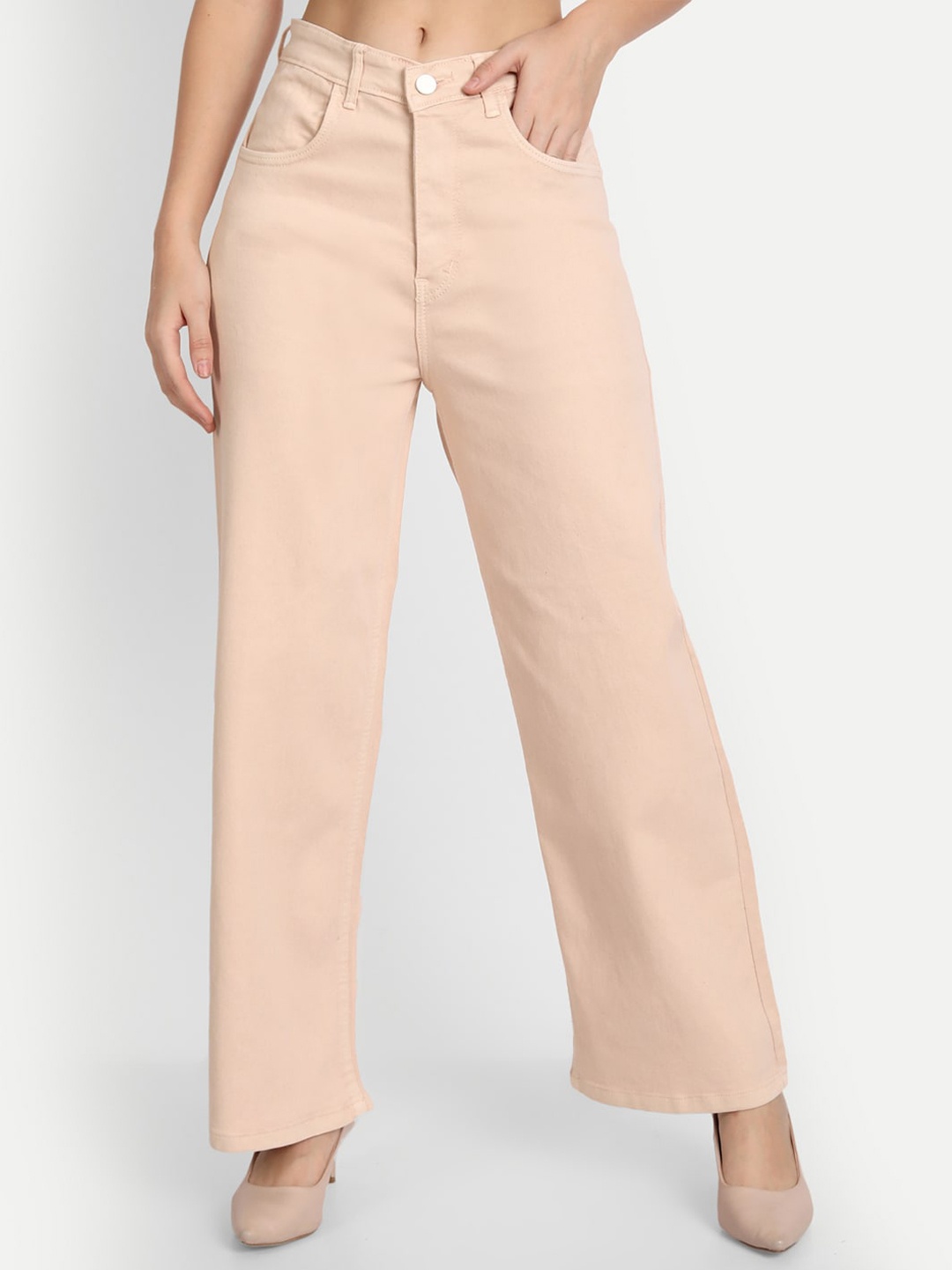 

AngelFab Women Jean Wide Leg High-Rise Cotton Jeans, Beige