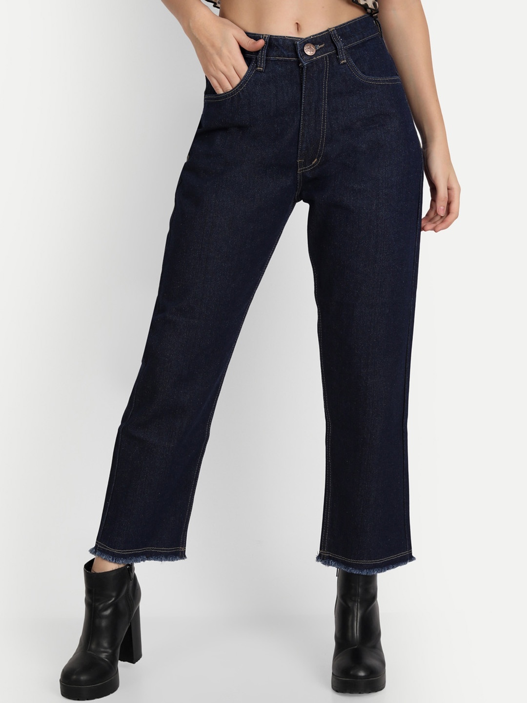 

AngelFab Women Jean Straight Fit High-Rise Cotton Jeans, Navy blue