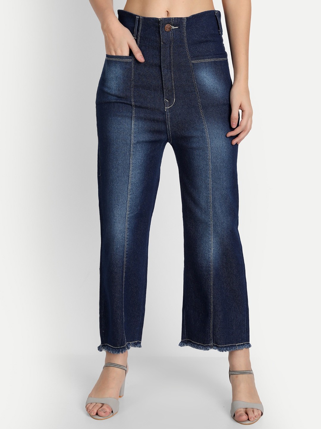 

AngelFab Women Jean Relaxed Fit High-Rise Light Fade Cotton Jeans, Navy blue