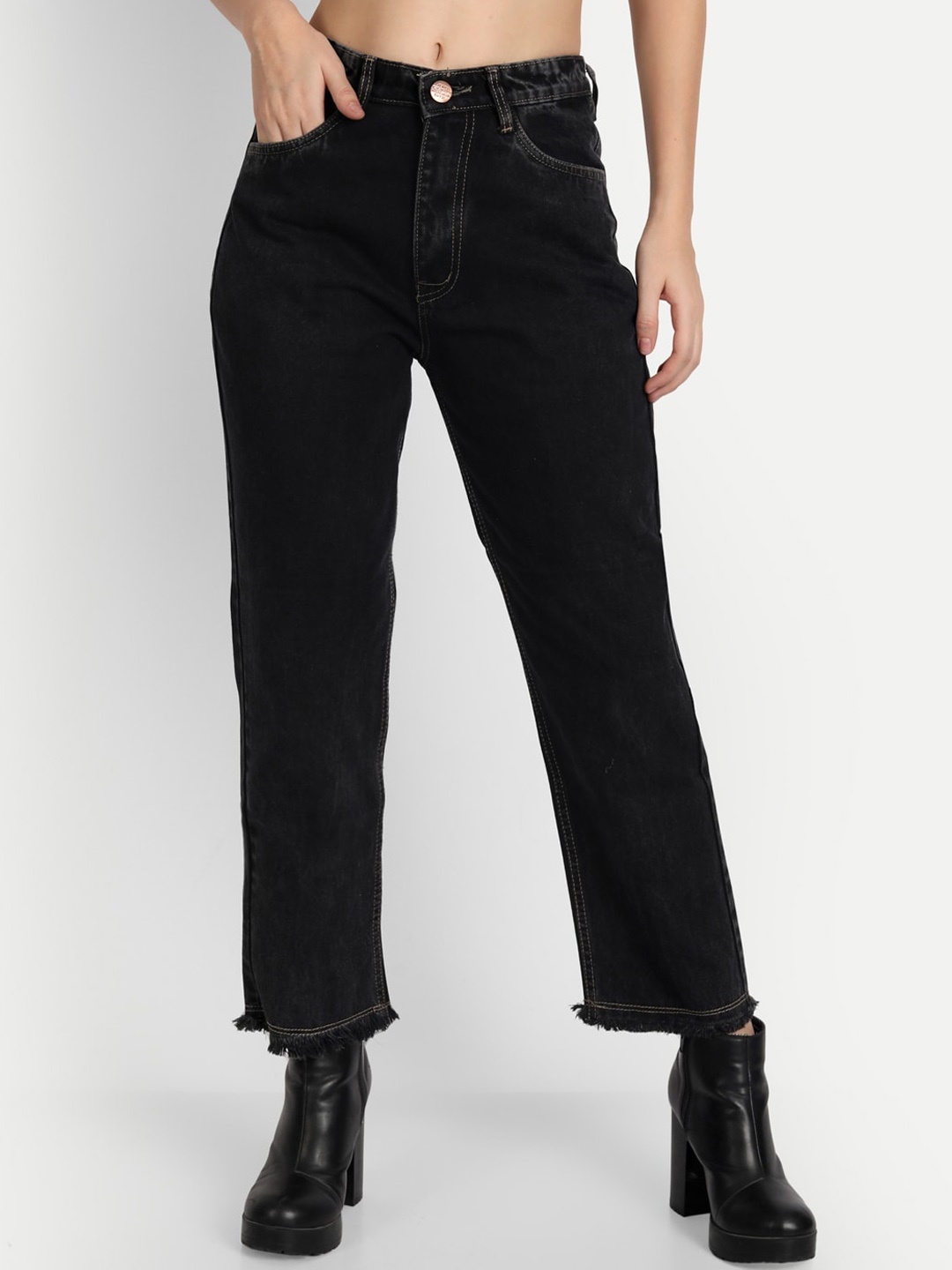 

AngelFab Women Jean Straight Fit High-Rise Jeans, Black