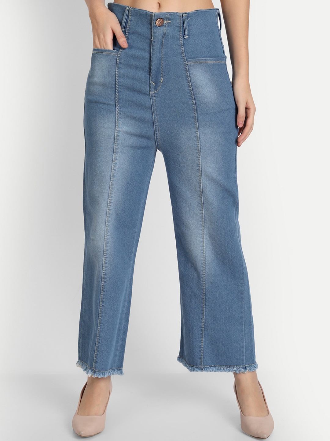 

AngelFab Women Jean Relaxed Fit High-Rise Light Fade Cotton Jeans, Blue