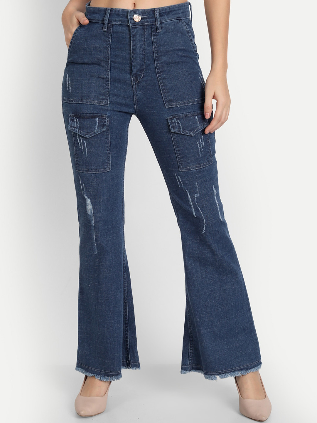 

AngelFab Women Jean Bootcut High-Rise Mildly Distressed Cotton Jeans, Blue