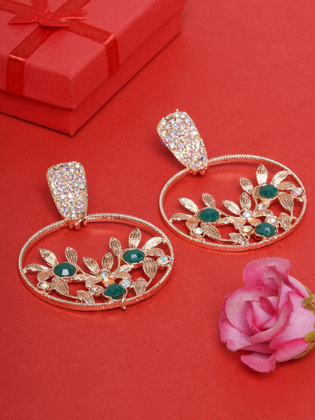 

DIVA WALK Rose Gold-Plated Stone Studded Circular Drop Earrings, Green
