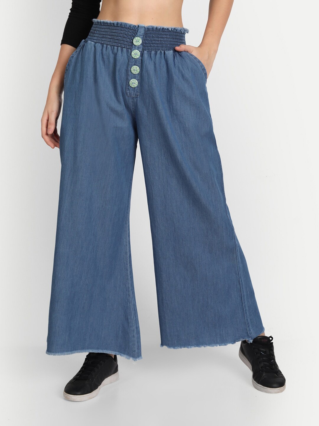 

AngelFab Women Wide Leg Cotton Chambray Palazzos, Blue