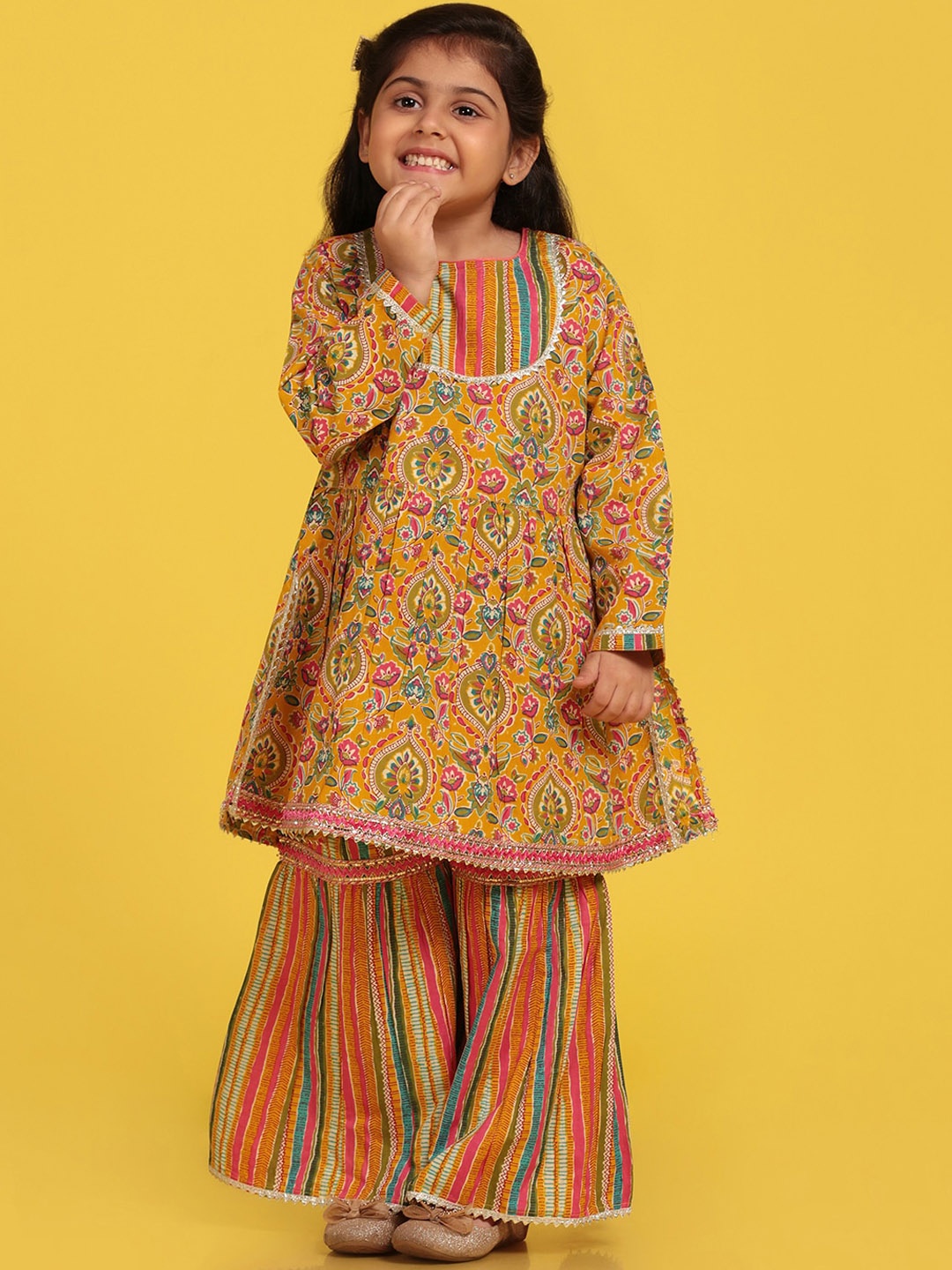 

Aj DEZInES Girls Floral Printed A-Line Pure Cotton Kurta with Sharara, Mustard