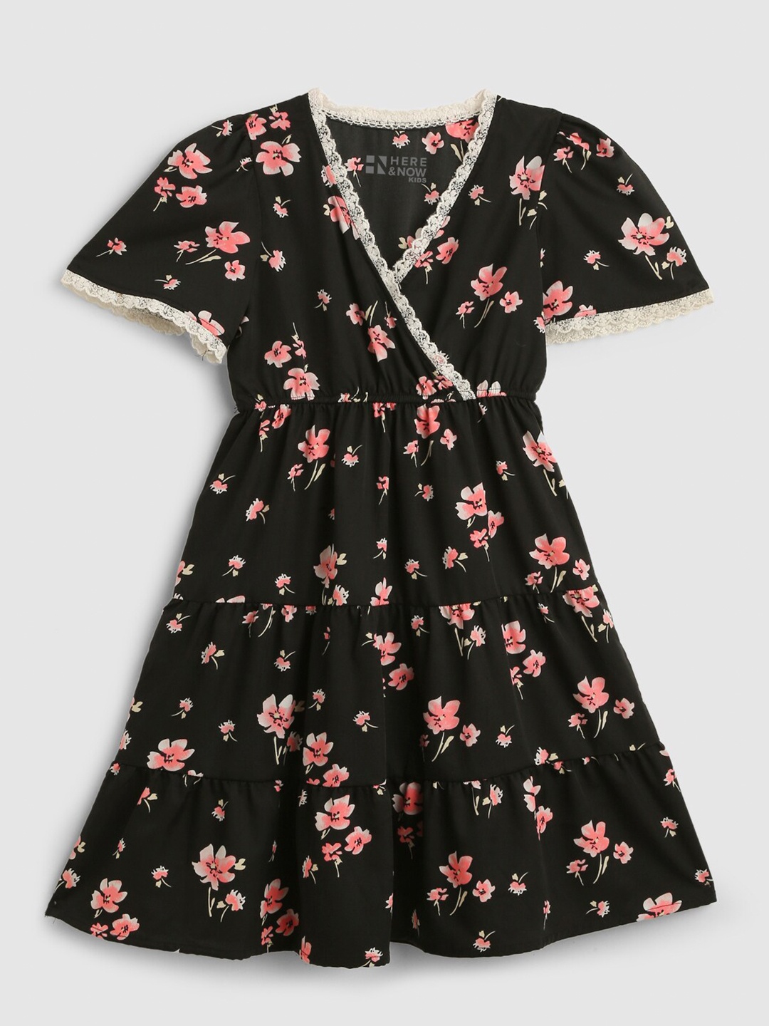 

HERE&NOW Girls Floral Printed Lace Inserts Tiered Fit & Flare Dress, Black