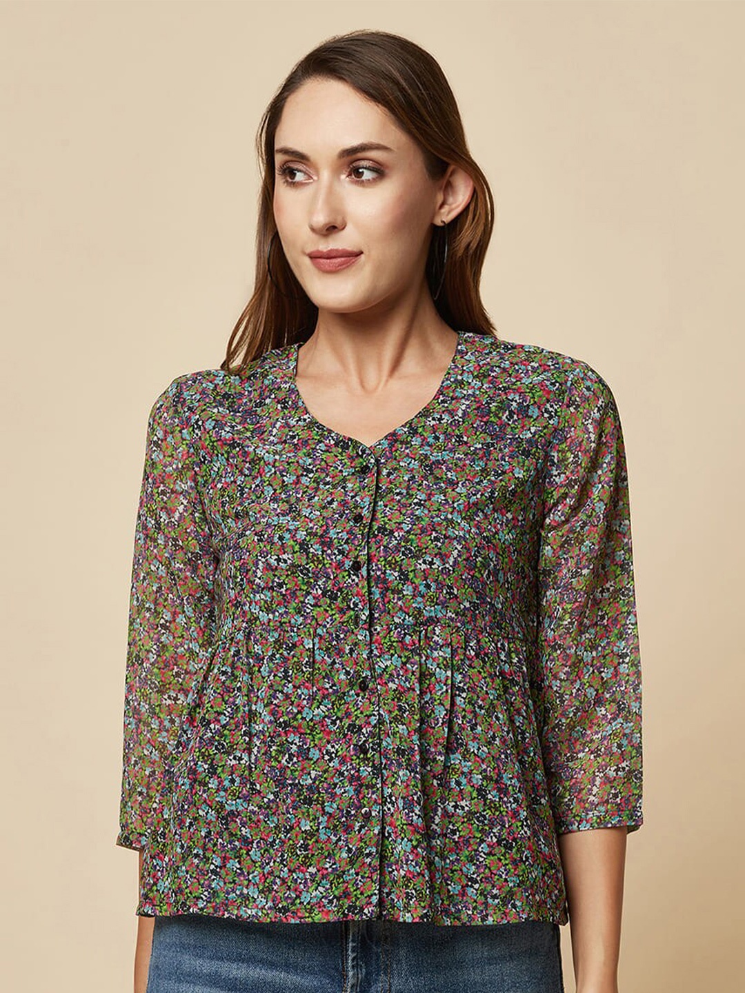 

RAASSIO Floral Printed Georgette Shirt Style Top, Green
