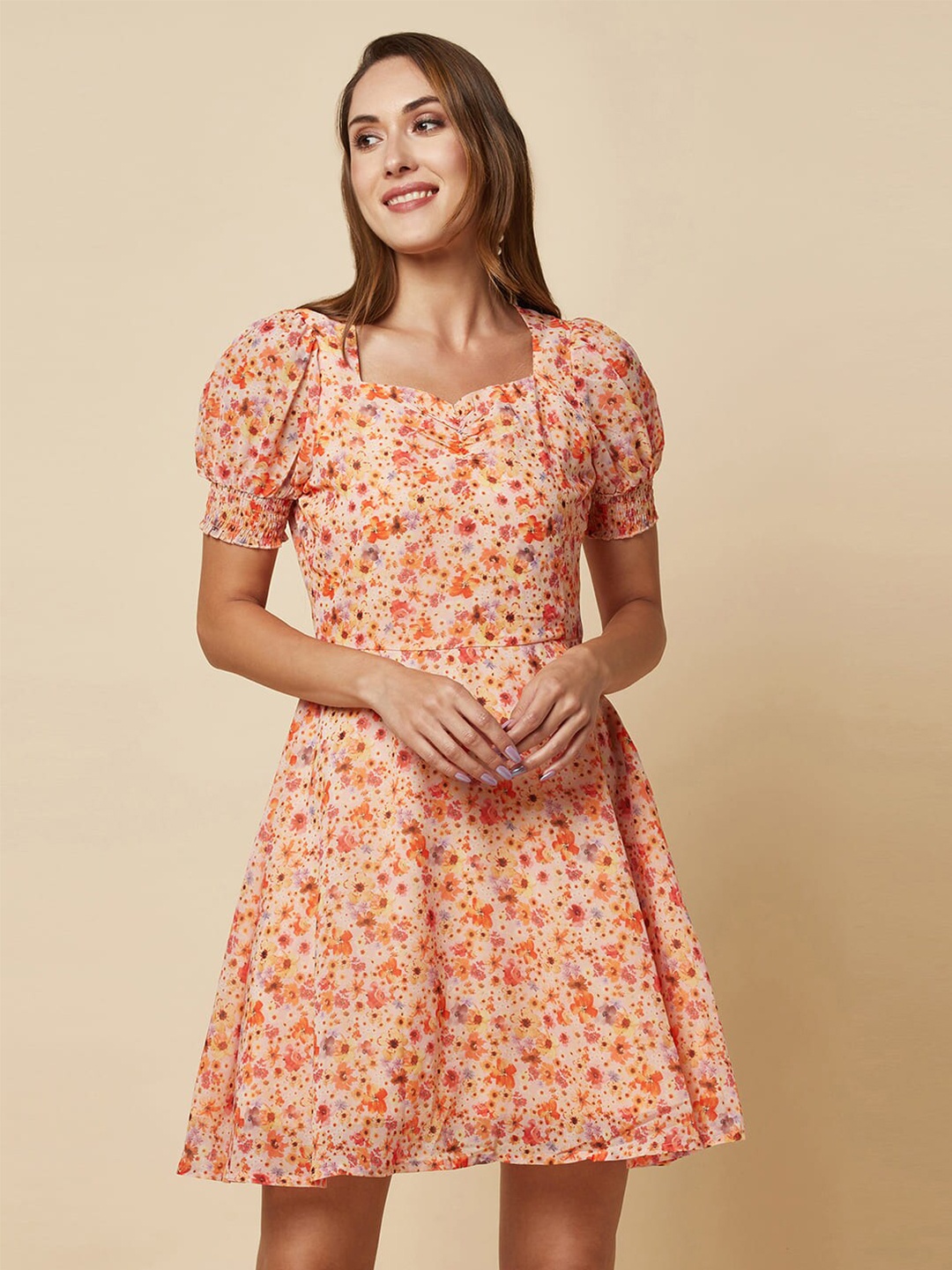 

RAASSIO Floral Print Puff Sleeve Chiffon Fit & Flare Dress, Orange