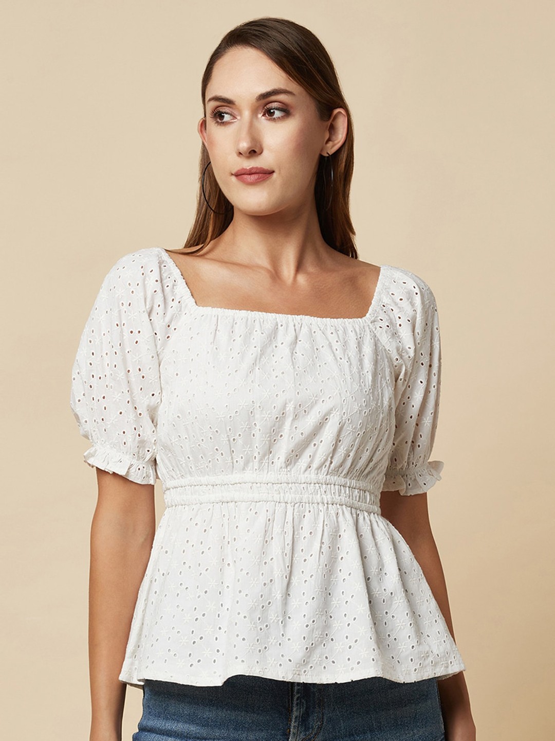 

RAASSIO Raglon Sleeves Square Neck Pure Cotton Schiffli Peplum Top, Off white