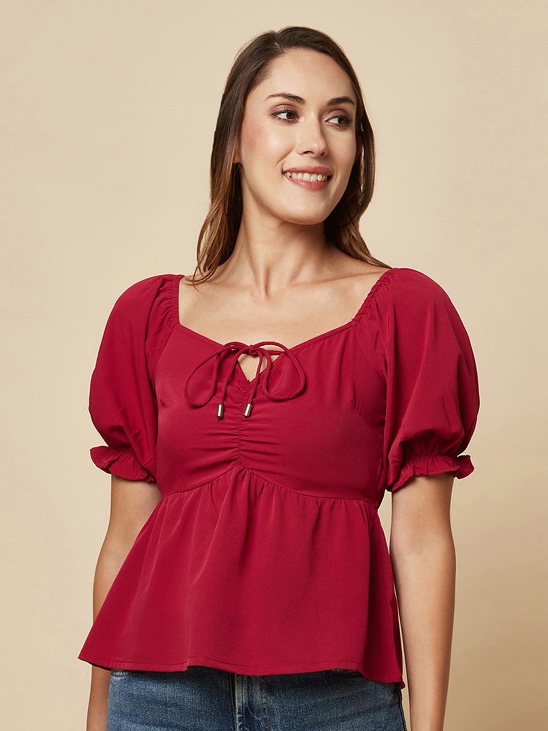 

RAASSIO Tie-Up Neck Gathered Puff Sleeve Cinched Waist Top, Red