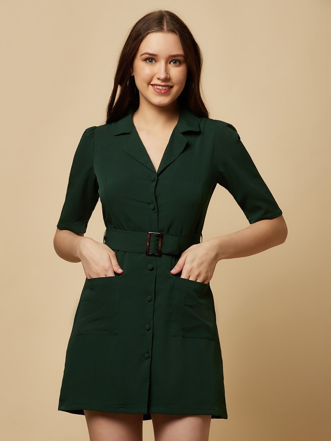 

RAASSIO Belted Shirt Mini Dress With Belt, Green