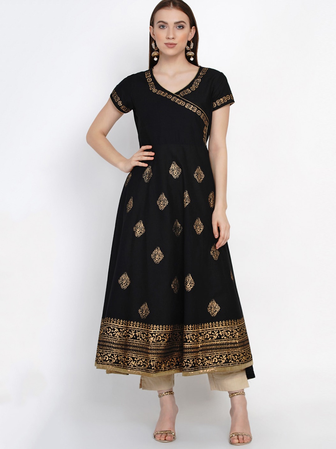 

KALINI Ethnic Motif Printed V Neck Pure Cotton Anarkali Kurta, Black