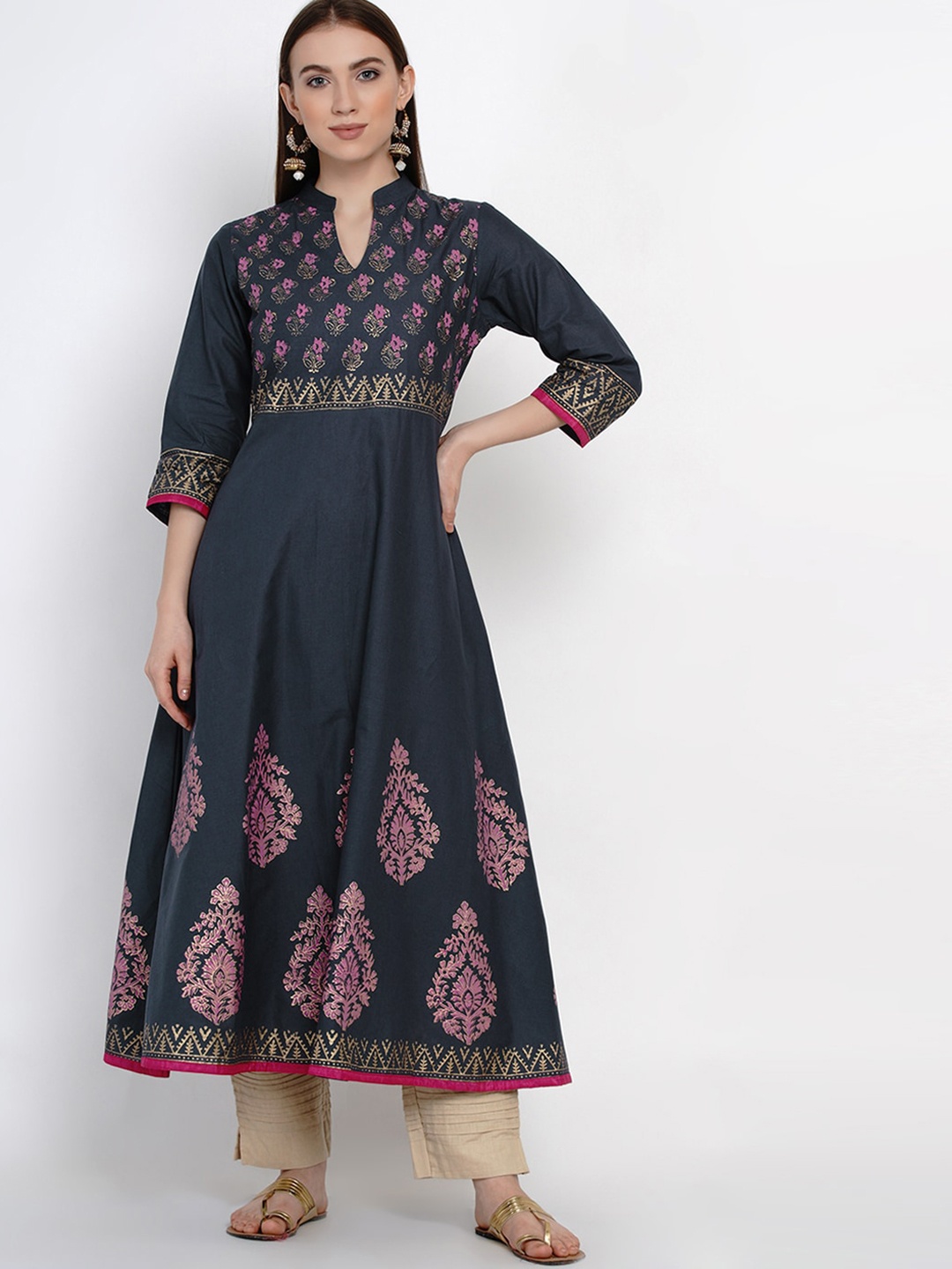 

KALINI Floral Printed Band Collar Pure Cotton Anarkali Kurta, Grey