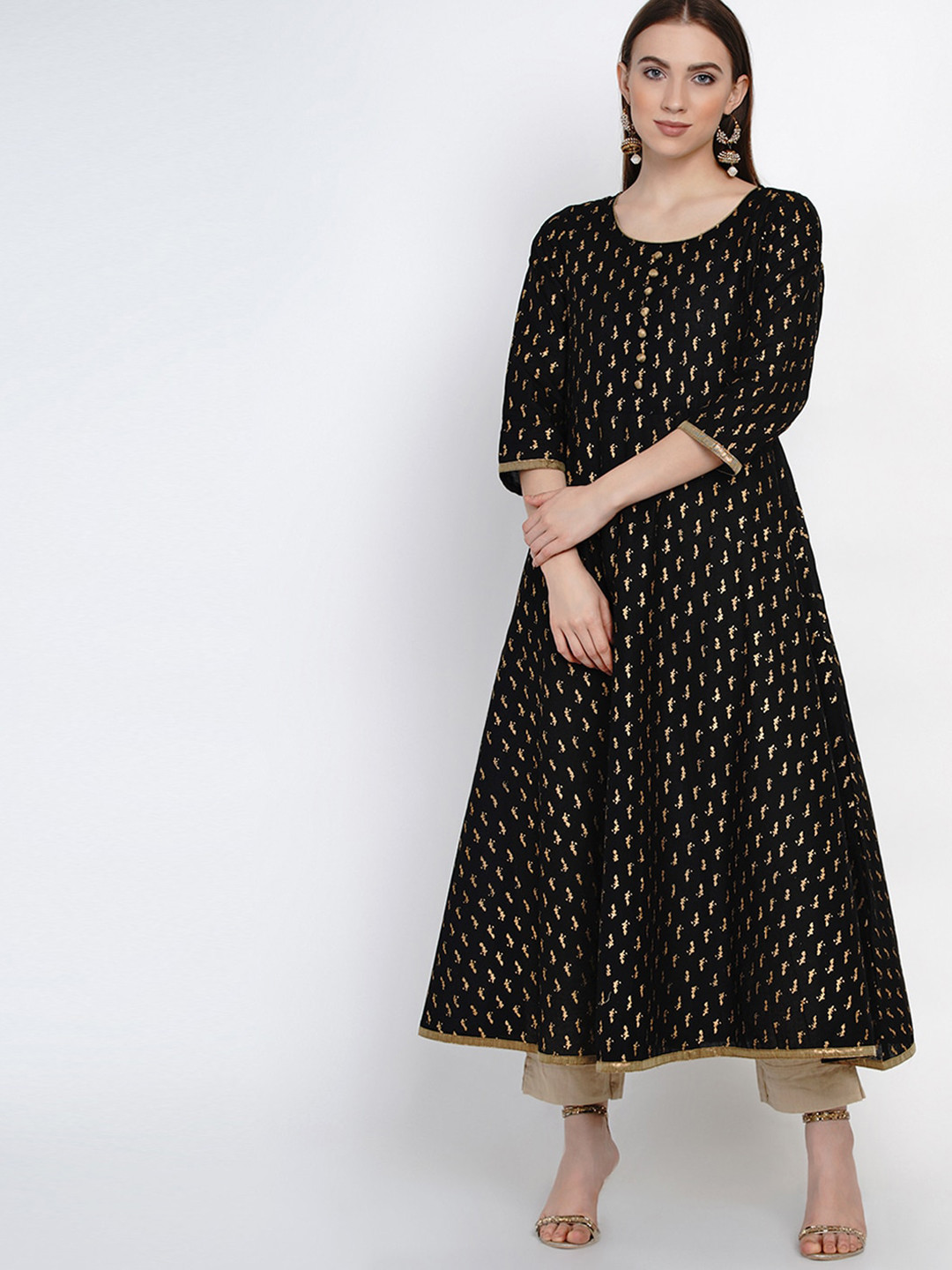 

KALINI Ethnic Motif Printed Pure Cotton Anarkali Kurta, Black