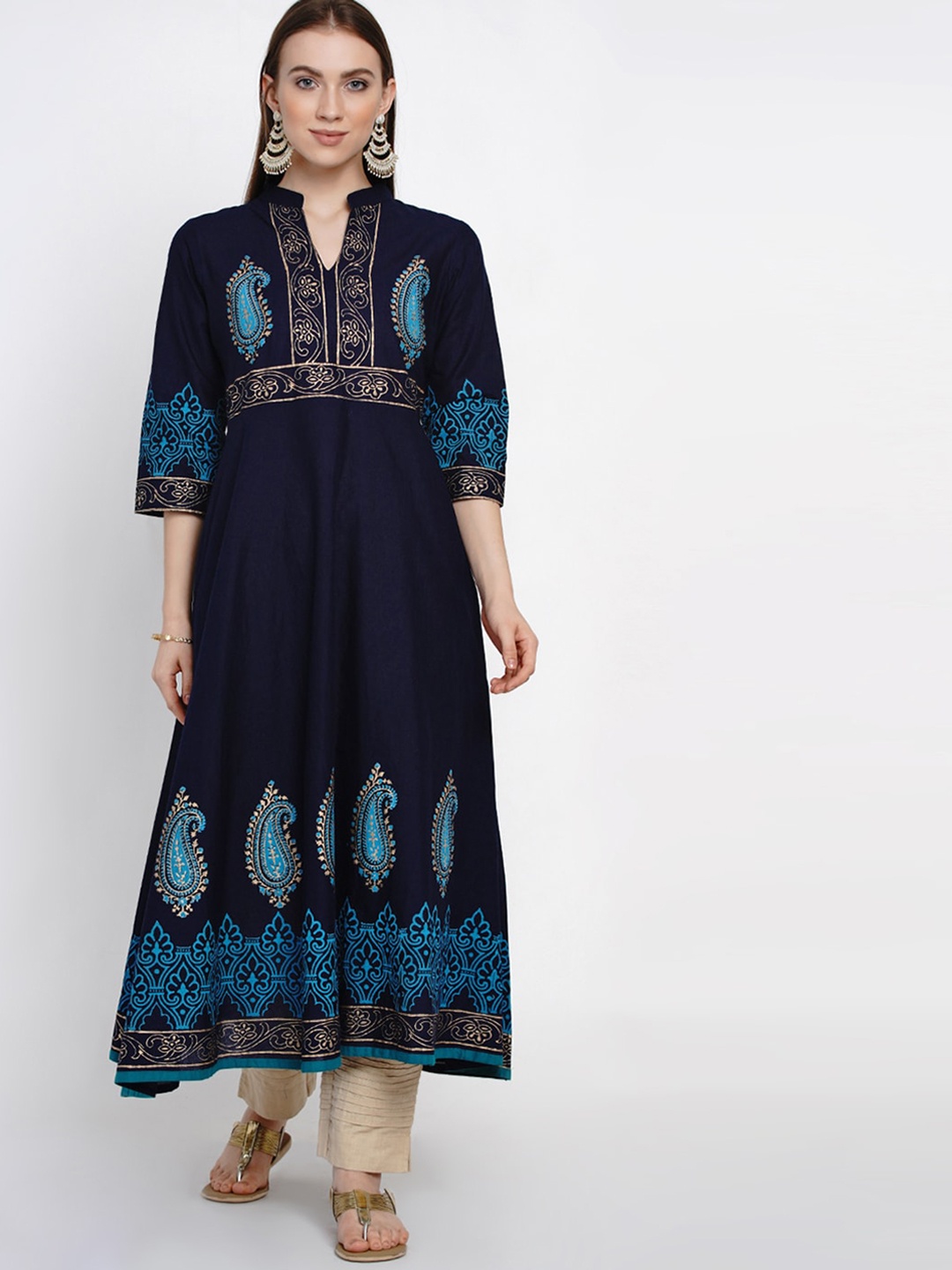 

KALINI Ethnic Motifs Printed Band Collar Pure Cotton Anarkali Kurta, Navy blue
