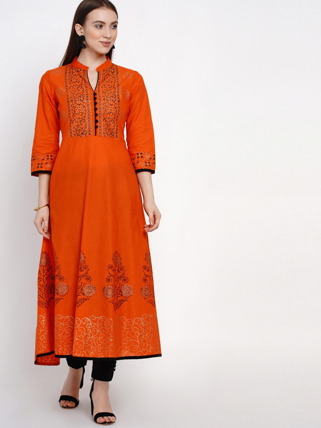 

KALINI Ethnic Motifs Printed Band Collar Pure Cotton Anarkali Kurta, Orange