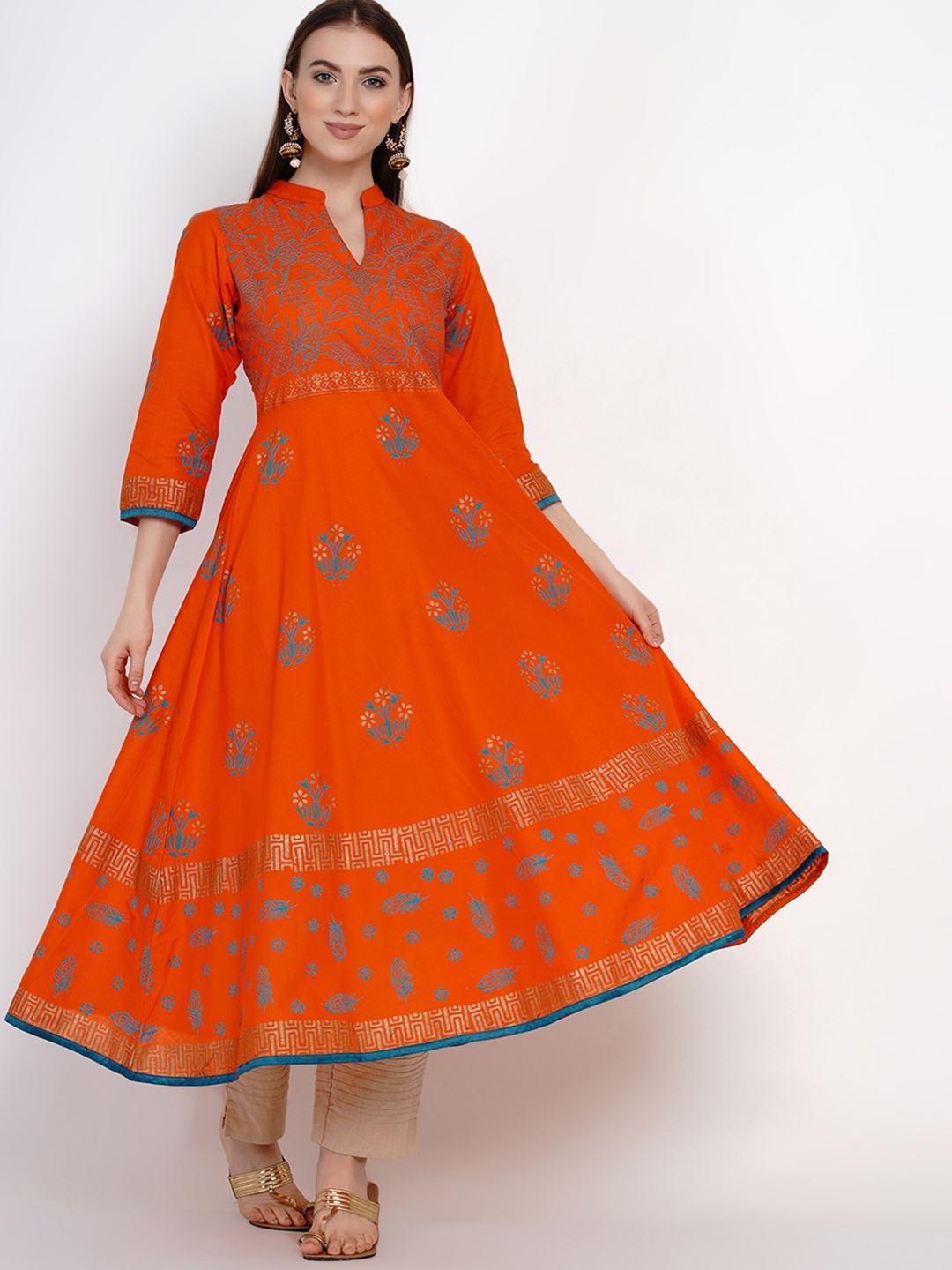 

KALINI Ethnic Motifs Printed Pure Cotton Anarkali Kurta, Orange