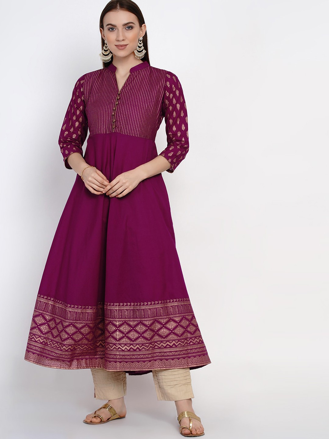 

KALINI Ethnic Motif Printed Band Collar Anarkali Pure Cotton Kurta, Purple