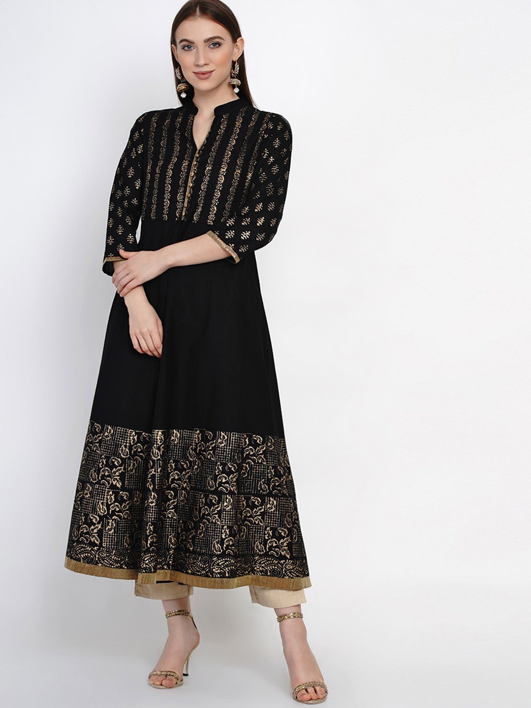 

KALINI Ethnic Motifs Printed Mandarin Collar Pure Cotton Anarkali Kurta, Black