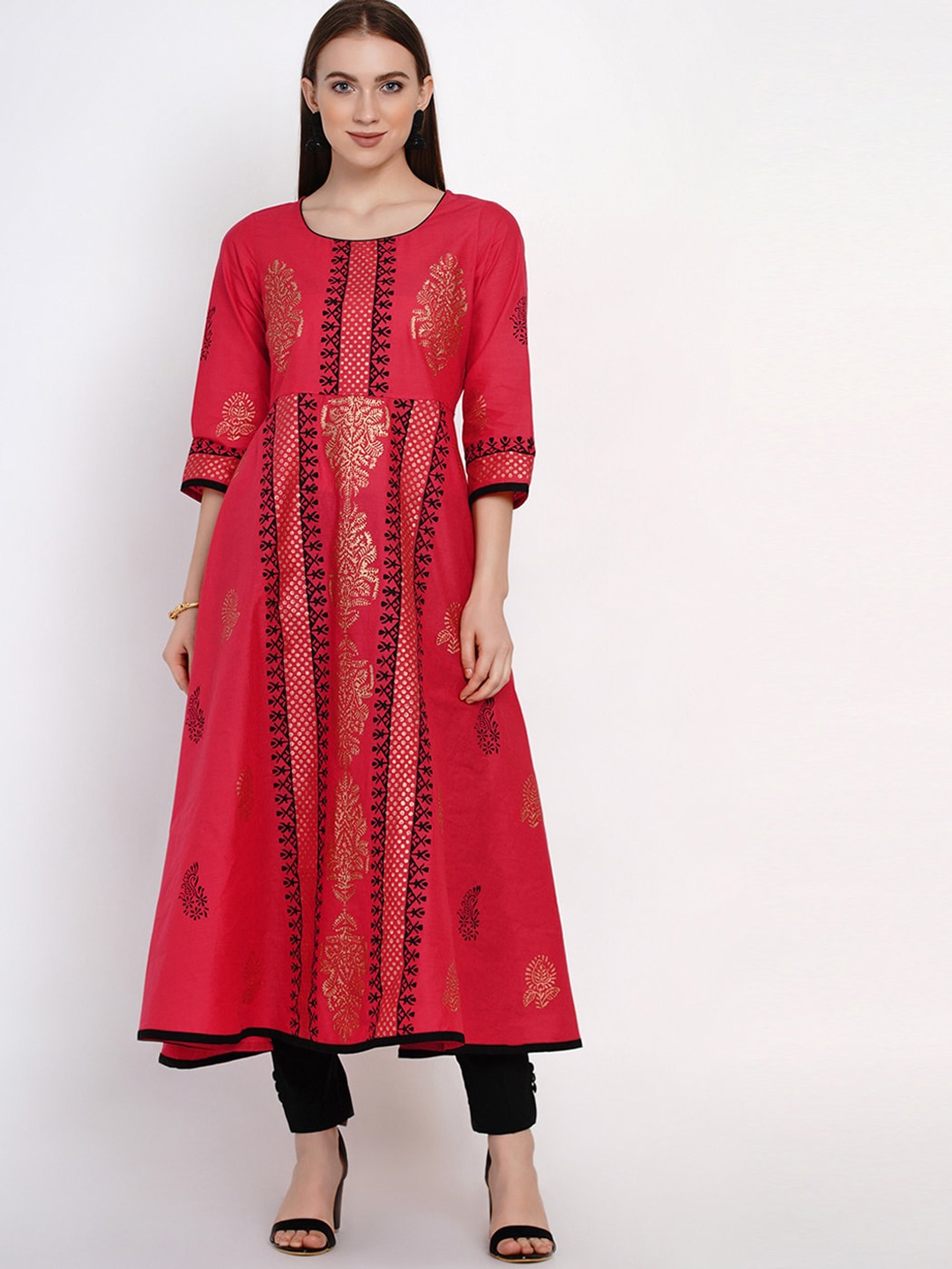 

KALINI Ethnic Motif Printed Anarkali Pure Cotton Kurta, Red