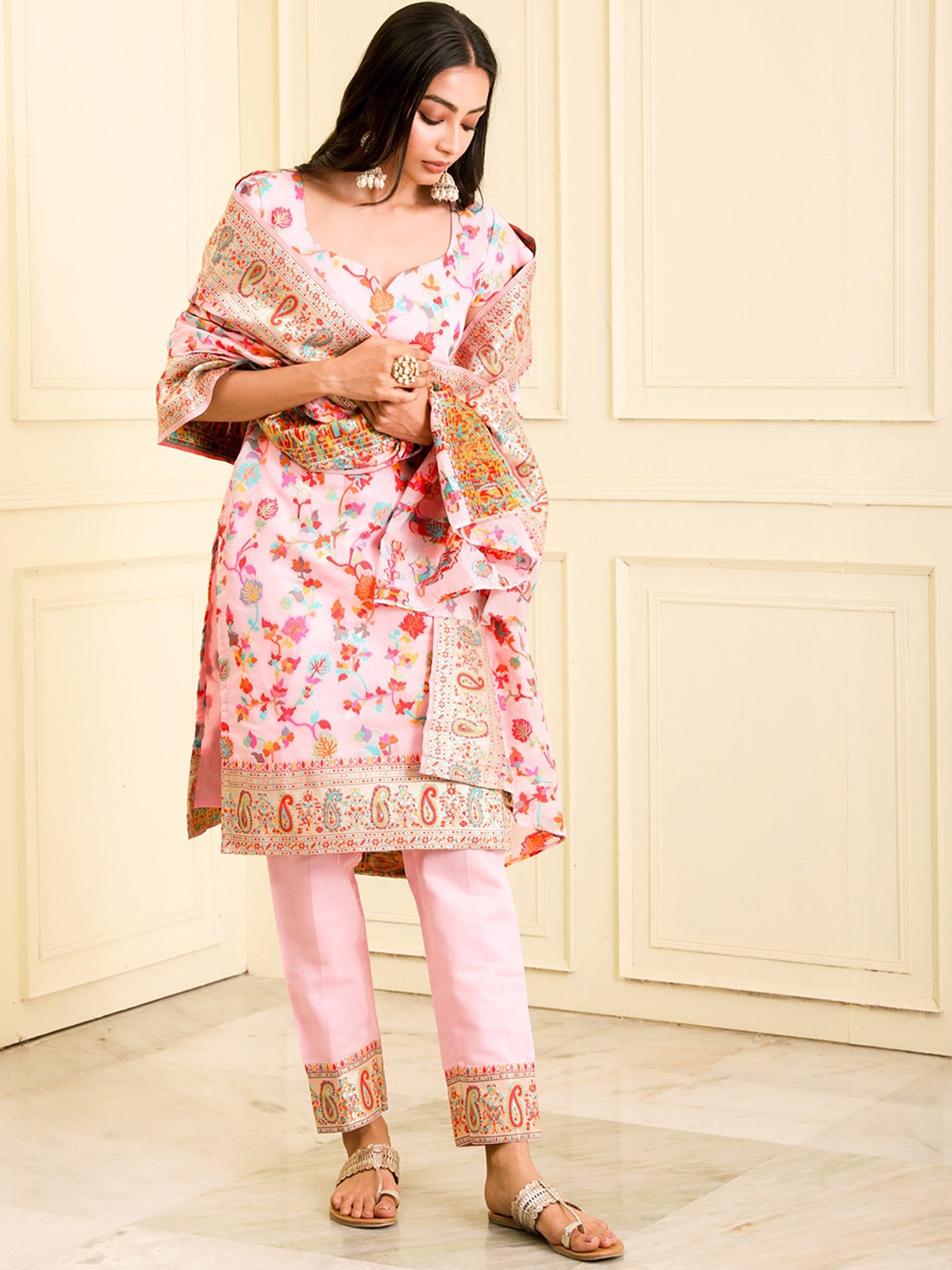 

BEATITUDE Floral Printed V-Neck Kurta with Trousers & Dupatta, Pink