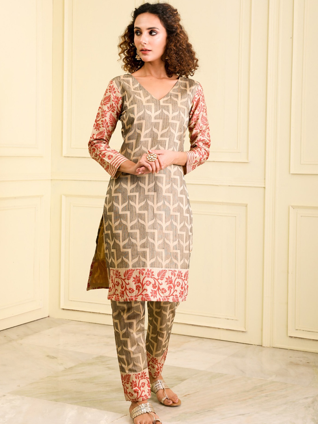 BEATITUDE Ethnic Motifs Woven Design V-Neck Kurta with Trousers, Beige