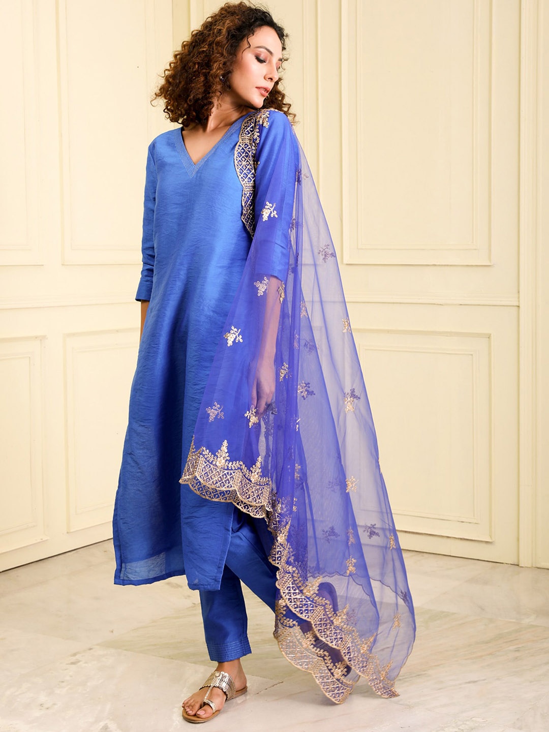 

BEATITUDE V-Neck Chanderi Silk Kurta with Trousers & Dupatta, Blue