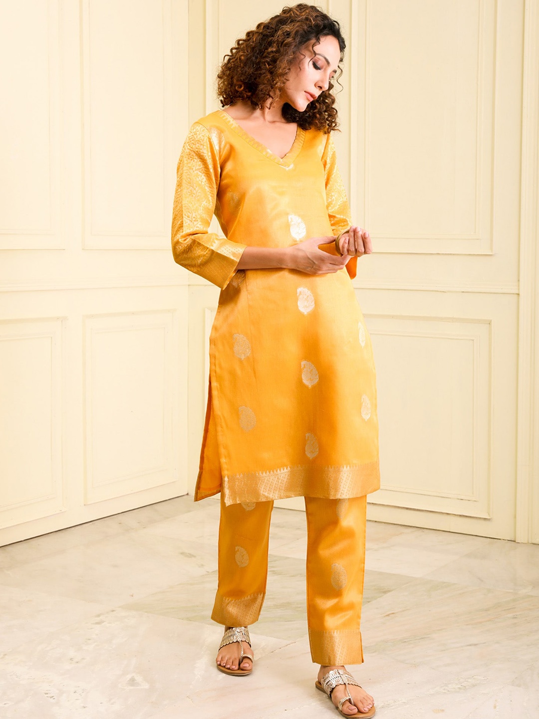 

BEATITUDE Ethnic Motifs Woven Design V-Neck Kurta with Trousers, Mustard