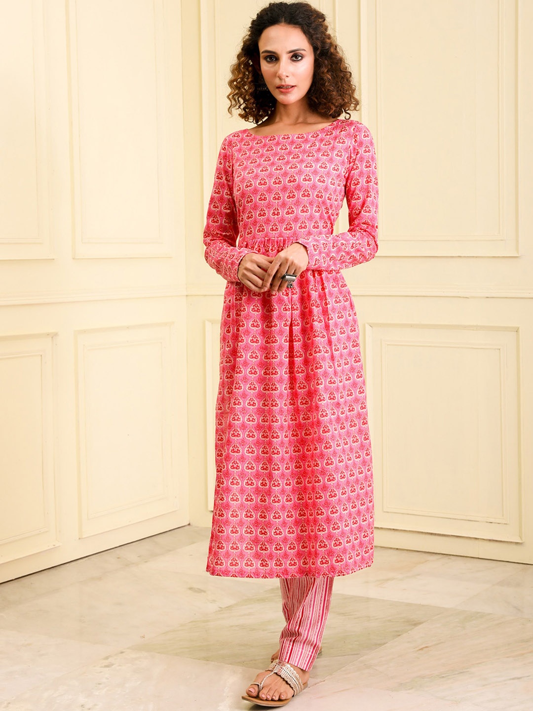

BEATITUDE Ethnic Motifs Printed Boat Neck A-Line Kurta with Trousers, Pink