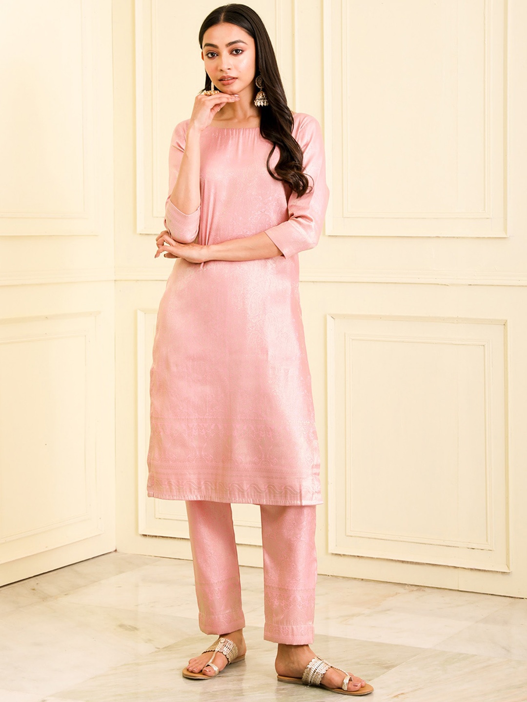 

BEATITUDE Ethnic Motifs Woven Design Boat Neck Kurta with Trousers, Pink