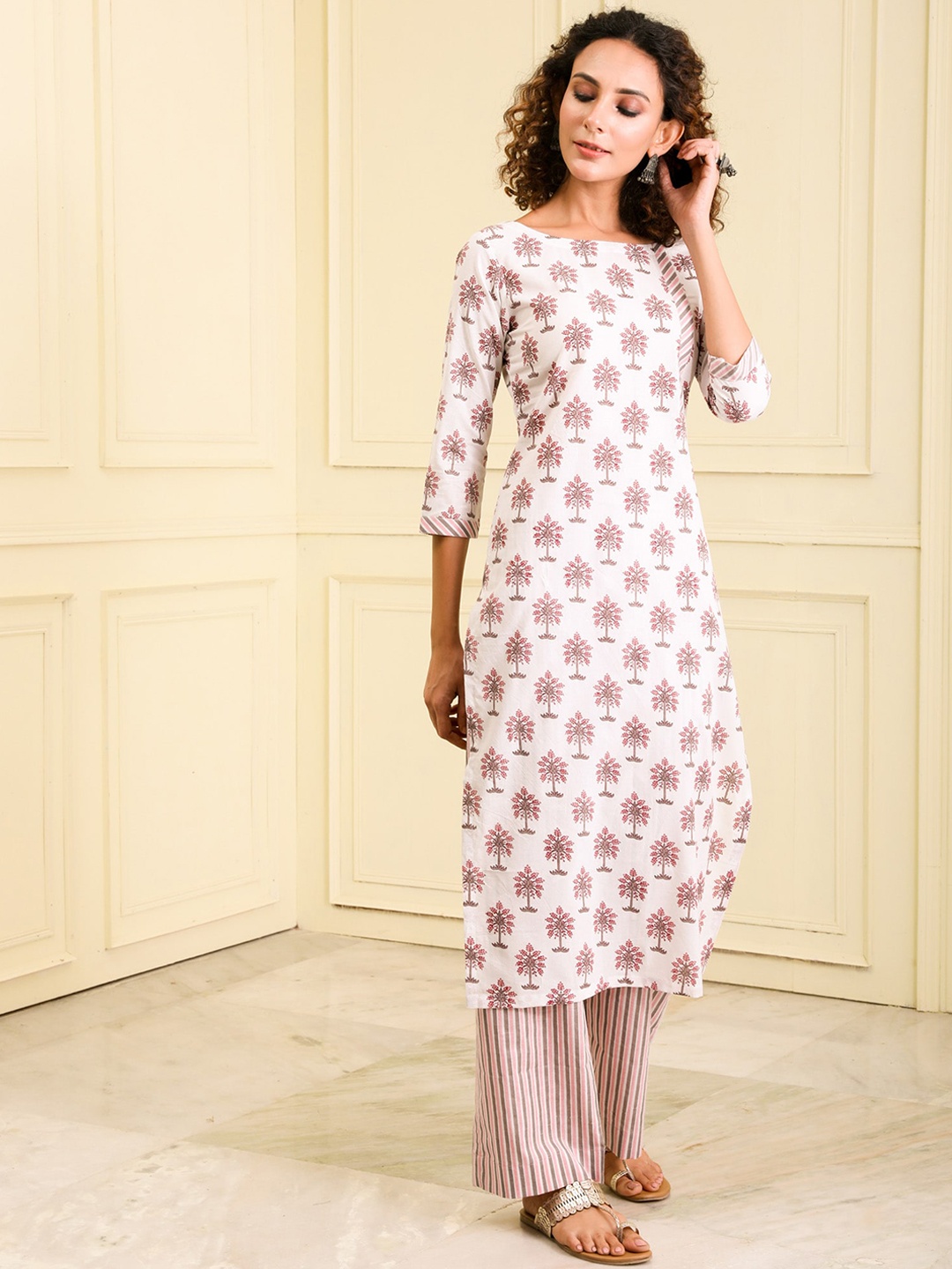 

BEATITUDE Ethnic Motifs Printed Boat Neck Kurta with Palazzos, White