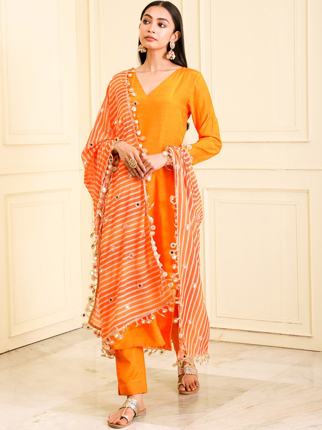 

BEATITUDE V-Neck Chanderi Silk Kurta with Trousers & Dupatta, Orange