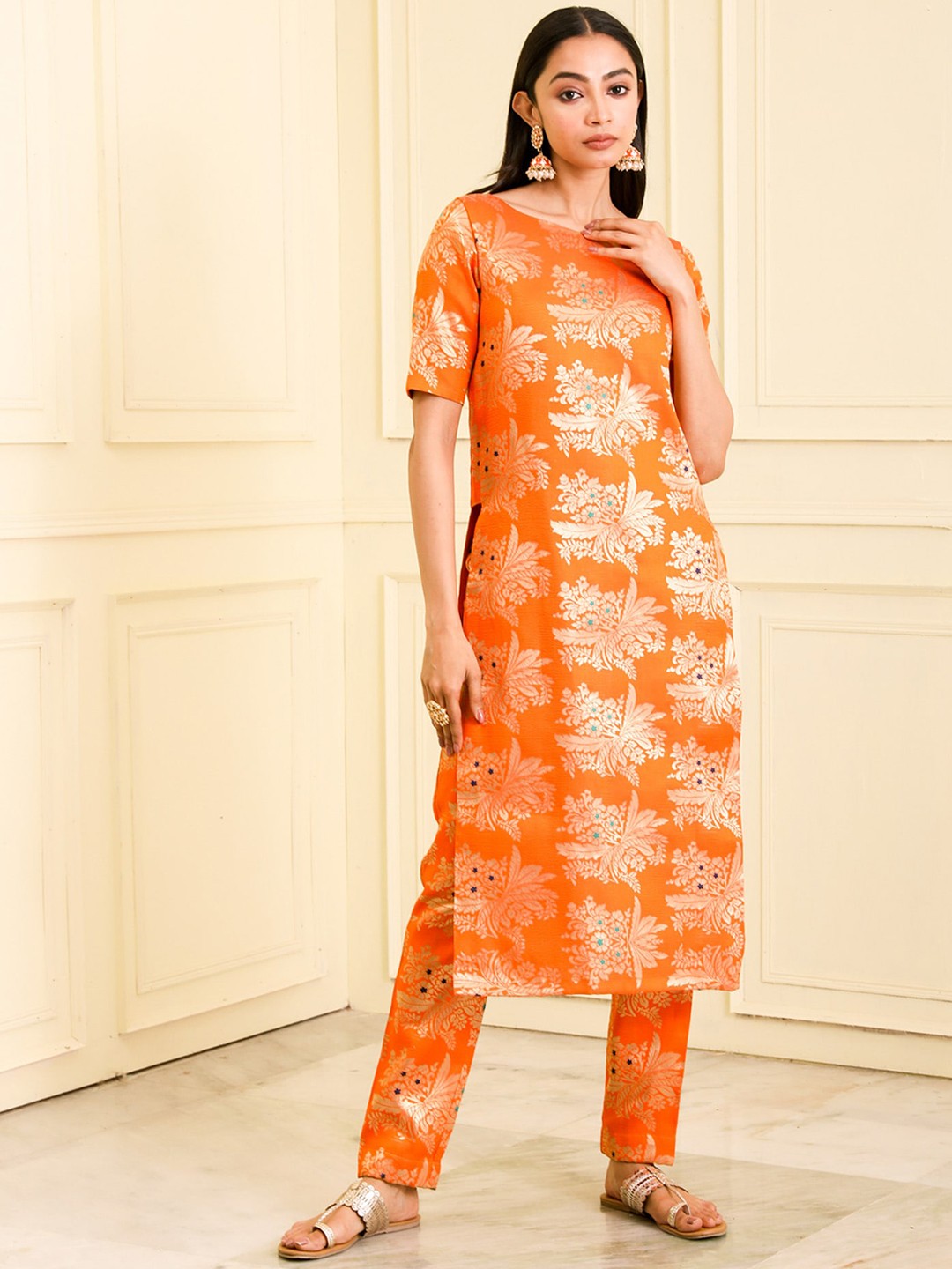 

BEATITUDE Ethnic Motifs Printed Boat Neck Kurta with Trousers, Orange