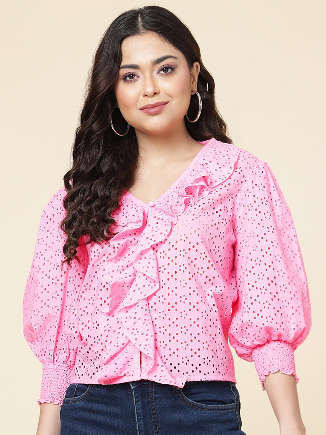 

A.T.U.N. Puff Sleeves V-Neck Pure Cotton Schiffli Top, Pink