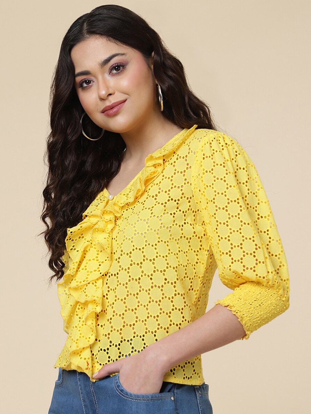 

A.T.U.N. Puff Sleeves V-Neck Pure Cotton Schiffli Top, Yellow