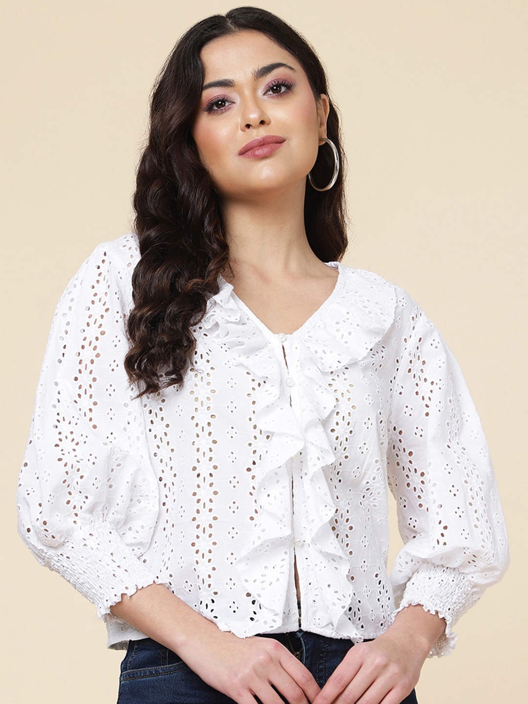 

A.T.U.N. Self Design Puff Sleeves Ruffled Schiffli Cotton Top, White