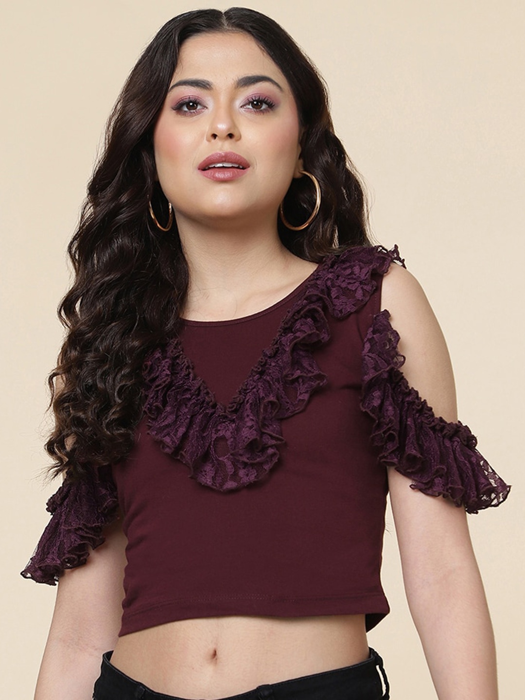 

A.T.U.N. Cold-Shoulder Ruffled Pure Cotton Crop Top, Burgundy