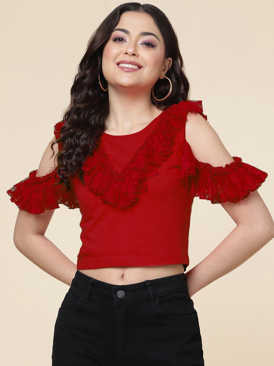 

A.T.U.N. Cold-Shoulder Ruffles Pure Cotton Crop Top, Maroon