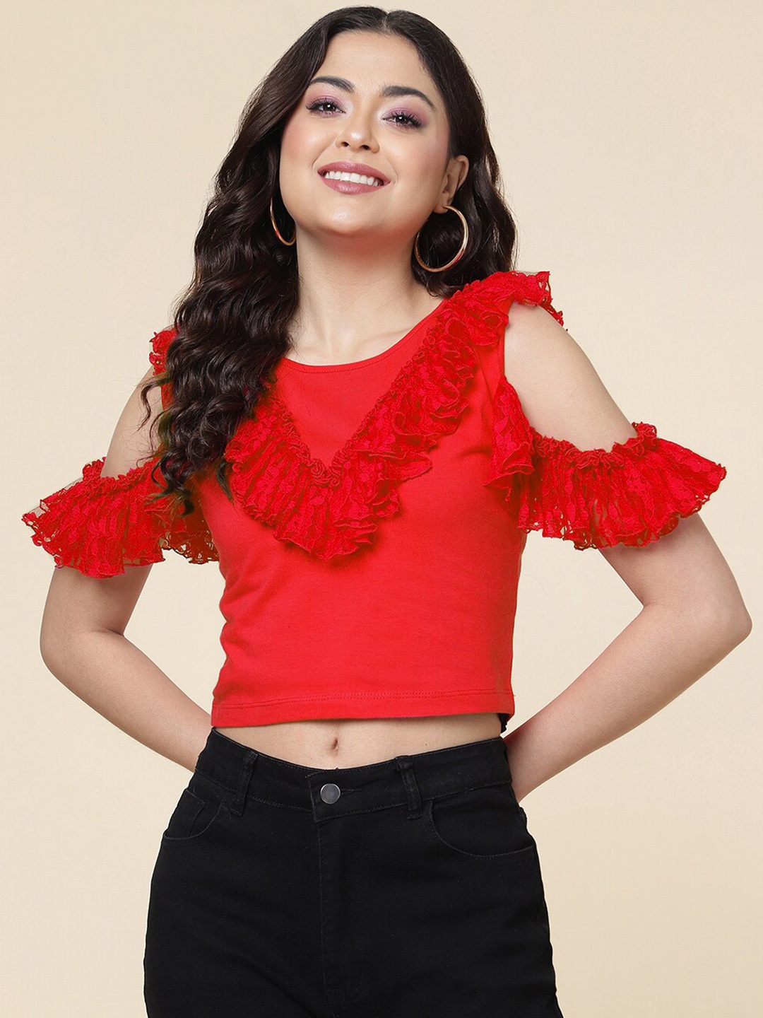 

A.T.U.N. Round Neck Cold-Shoulder Ruffles Pure Cotton Crop Top, Red