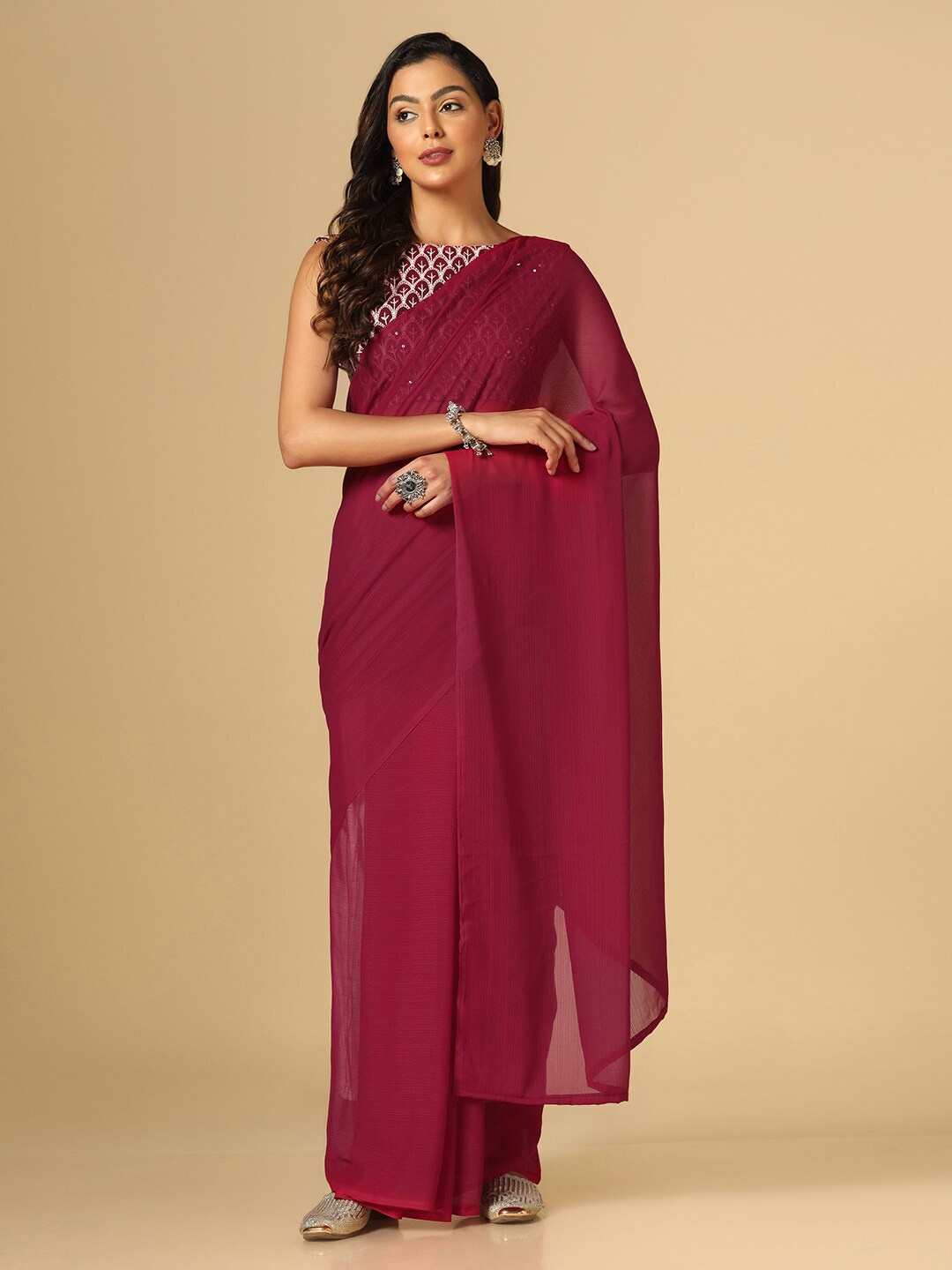 

Satrani Poly Georgette Saree With Embellished Blouse, Pink