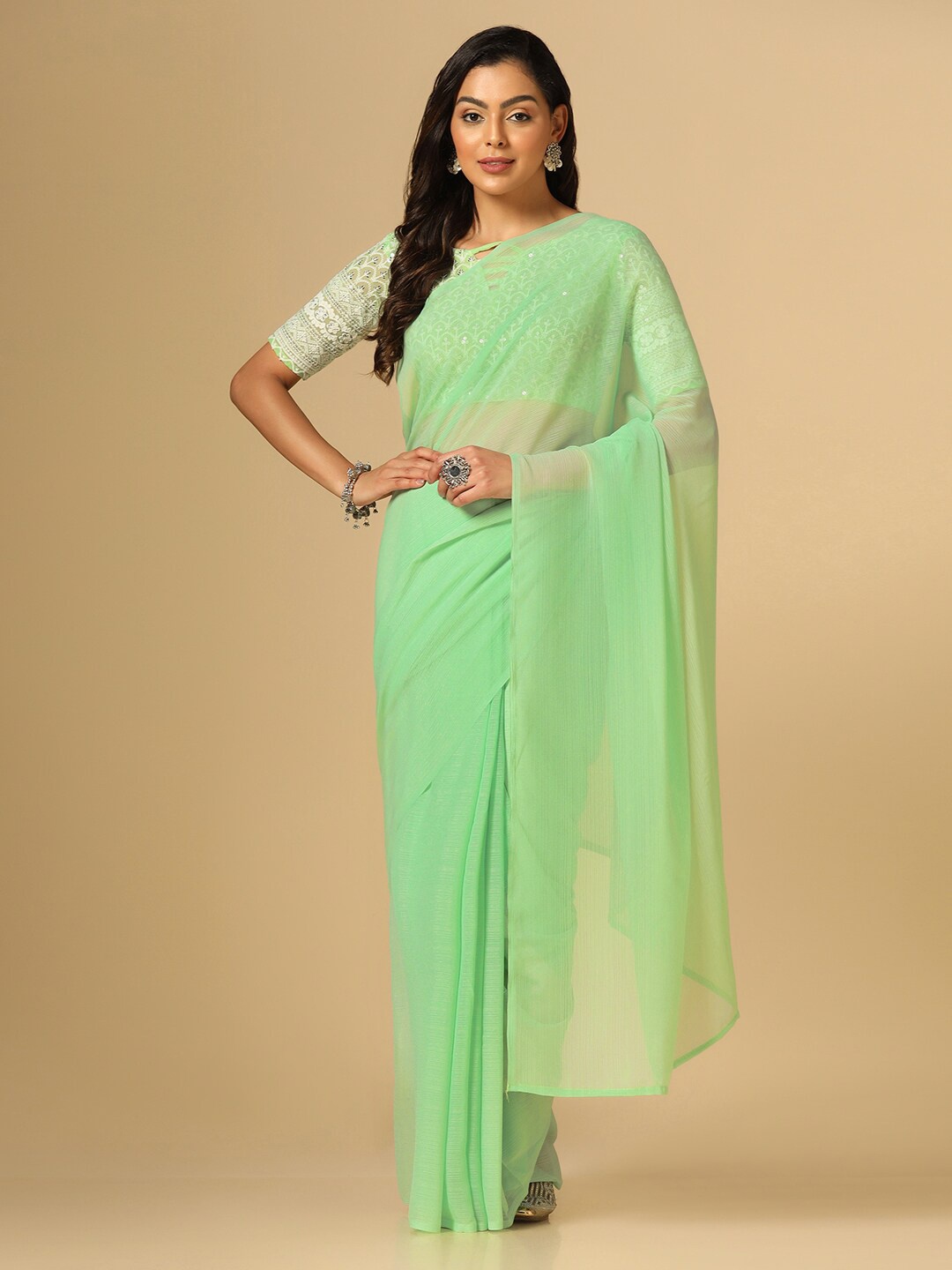 

Satrani Poly Georgette Saree With Embellished Blouse, Green