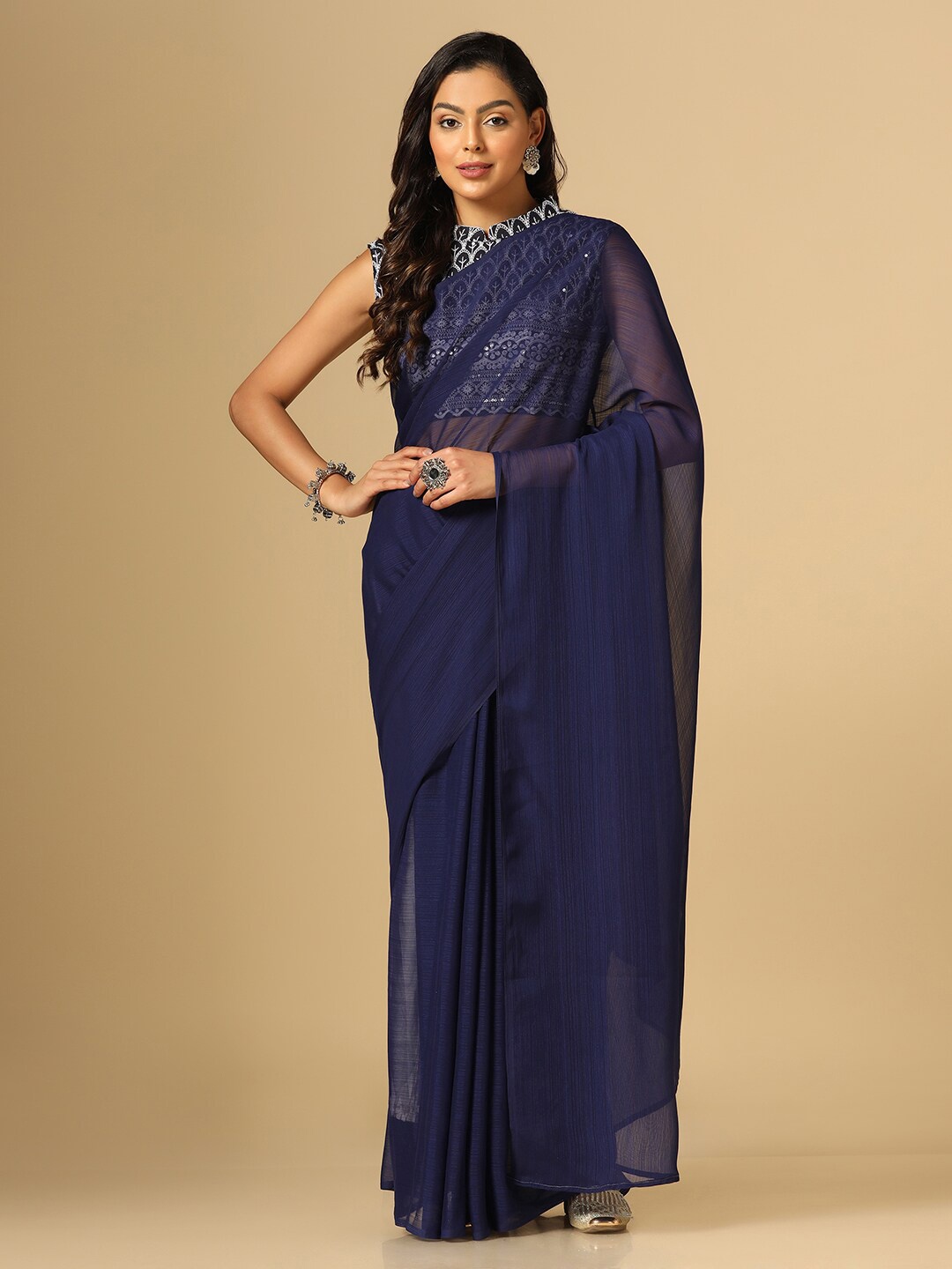 

Satrani Poly Georgette Saree With Embroidered Blouse, Blue